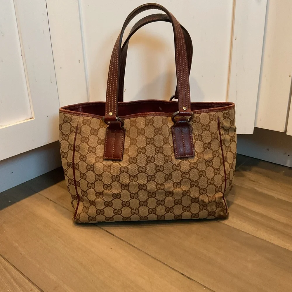 Gucci Vintage GG Monogram Canvas Brown Leather Tote Bag Shoulder Purse 2123 - Picture 3 of 8
